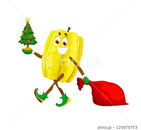 Christmas and new year winter tropical carambola fruit character celebrating Xmas with small decorated tree and a sack of gifts. Isolated cartoon vector cheerful starfruit personage ready for holiday 120878753