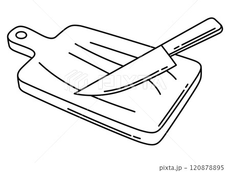 Cutting board with knife. Stylized kitchen object for cooking recipe and menu. Cutting board with knife. Stylized kitchen object for cooking recipe and menu. 120878895