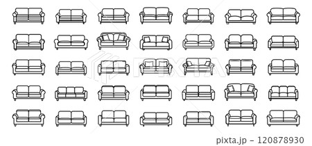 Sofa icon set. Outline interior couch collection in line style. Decoration element home and furniture house. Flat pictogram vector illustration 120878930