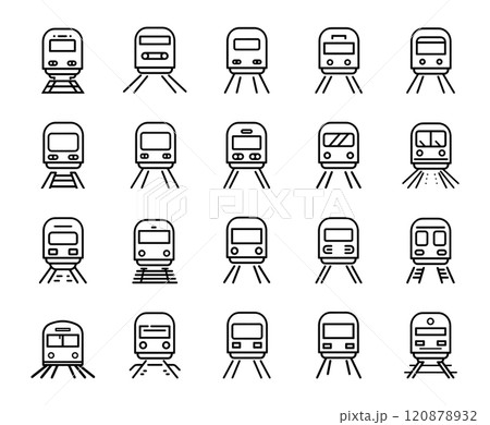 Train icon line set. Locomotive silhouette logo and modern railway transportation collection. Simple shape sign and subway transport vector illustration. Train icon line set. Locomotive silhouette logo and modern railway transportation collection. Simple shape sign and subway transport vector illustration. 120878932