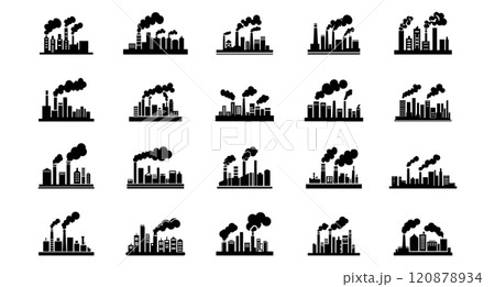 Factory building icon line set. Manufacturing tower and concept outdoor infrastructure collection. Industrial architecture and business warehouse vector illustration Factory building icon line set. Manufacturing tower and concept outdoor infrastructure collection. Industrial architecture and business warehouse vector illustration 120878934