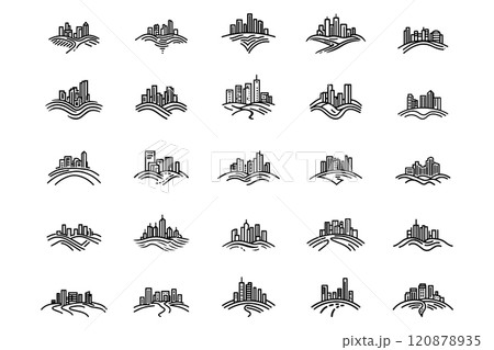 Skyline icon set vector illustration. Simple building district and cityscape silhouette collection. Urban architecture and element shape. 120878935