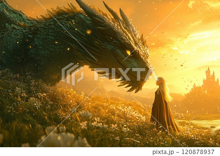 shimmering emerald-green dragon with soft, rounded features and a warm smile carries a cheerful elf dressed in flowing robes. 120878937