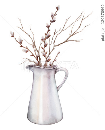 Watercolor illustration bouquet of willow branches and tree branch without leaves in in a light colored jug for milk. Hand drawn brown dry straight twig Isolated on white background for spring easter 120878960