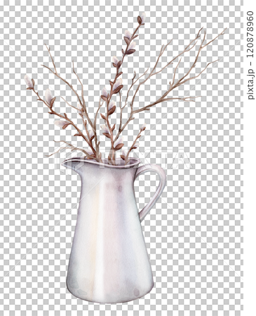 Watercolor illustration bouquet of willow branches and tree branch without leaves in in a light colored jug for milk. Hand drawn brown dry straight twig Isolated on white background for spring easter 120878960