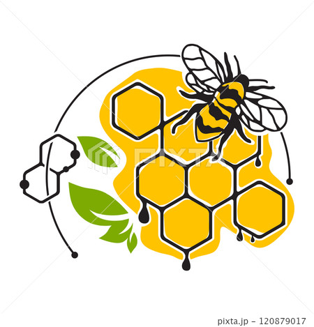 Bee and honeycombs with leaves over white 120879017
