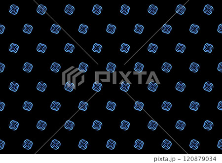 Blue spirals on a black background. Background image. Identical circular patterns are arranged in rows across the entire design on a black background. 120879034