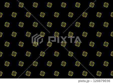 yellow spirals on a black background. Background image. Identical circular patterns are arranged in rows across the entire design on a black background. 120879036