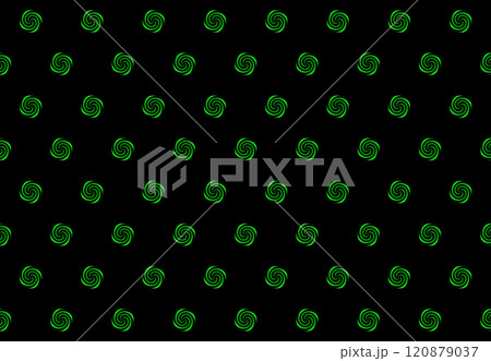 green spirals on a black background. Background image. Identical circular patterns are arranged in rows across the entire design on a black background. 120879037