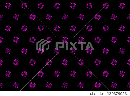 pink spirals on a black background. Background image. Identical circular patterns are arranged in rows across the entire design on a black background. 120879038