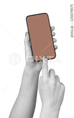 Mocha Mousse color on smartphone screen in hands isolated on white 120879075