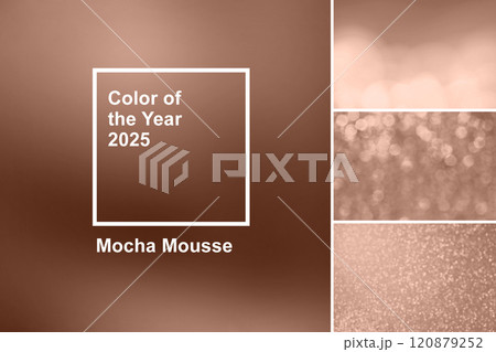 Mocha Mousse - the color of the year 2025. Fashion color palette sample. Abstract blurred color swatch collage featuring Mocha Mousse 120879252
