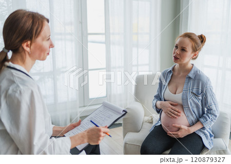 Female doctor examining pregnant woman in doctor office. Pregnant girl patient have consultation in hospital. Gynecologist doctor consulting patient about pregnancy. Visit to doctor medical checkup 120879327