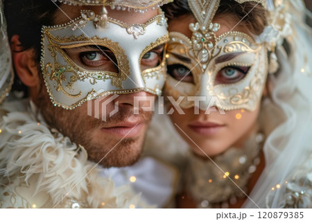 Close-up portrait of young man and woman in white masquerade masks and festive costumes at ball looking at camera with confident expression. Elegant couple on glamour event with mysterious atmosphere 120879385