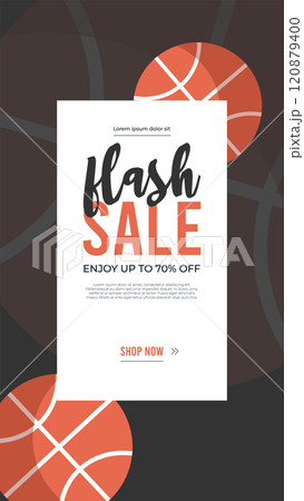 Background for Sport shopping sale.Vertical sport social media stories template.Basketball banners,illustrations with ball.Event invitation,ad.Special offer text on ribbon. 120879400