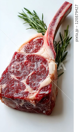 tomahawk steak, raw beef  on a cutting board.  120879427