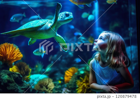 Little girl looks at sea turtle in large blue aquarium, child watches underwater life, concept of ocean, kid, people, animal 120879478