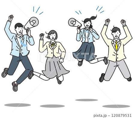 メガホンを持ってジャンプする男女の学生-受験生応援ー人物白黒シンプルベクターイラスト素材 120879531