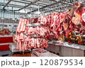 Pork and beef hanging in a butcher shop 120879534