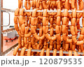 Sausage production line showing sausages hanging in a meat processing plant 120879535