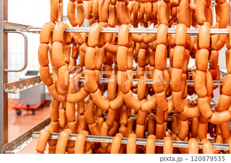 Sausage production line showing sausages hanging in a meat processing plant Sausage production line showing sausages hanging in a meat processing plant 120879535