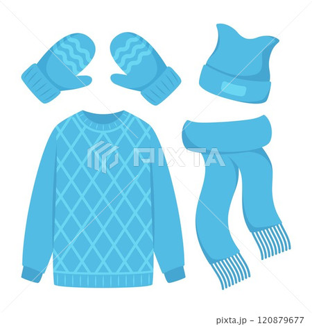 Winter knitting clothes for cold weather. Handicrafts sweater, mittens, scarf, cap of natural knitted jersey. Vector illustration. 120879677