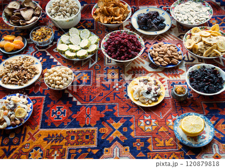 East table. Many tasty food 120879818