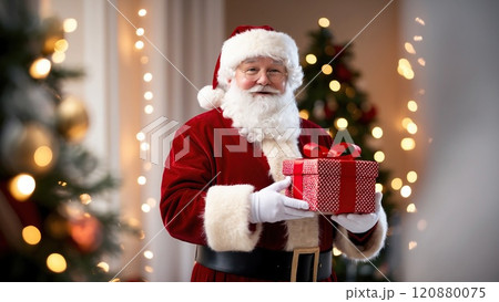 Santa Claus holding a festive gift with a joyful smile 120880075