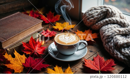 Autumn scene with coffee, book, and knitted blanket 120880112