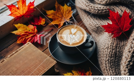 Autumn scene with coffee, book, and knitted blanket 120880113