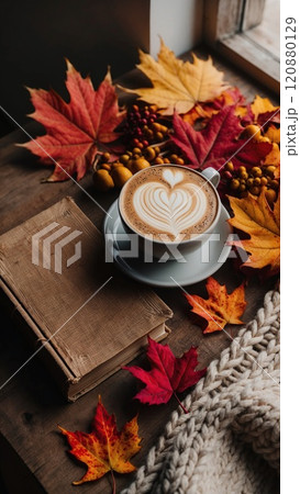 Autumn scene with coffee, book, and knitted blanket 120880129