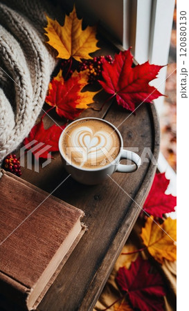 Autumn scene with coffee, book, and knitted blanket 120880130