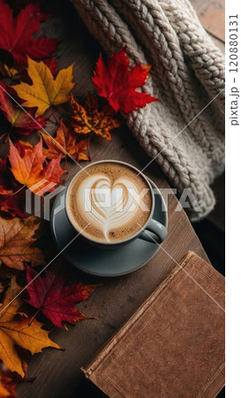 Autumn scene with coffee, book, and knitted blanket 120880131