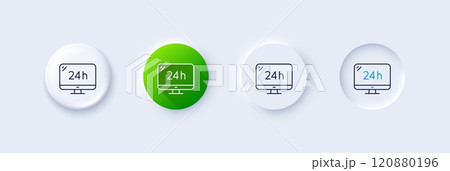 24 hour service line icon. Neumorphic, Green gradient, 3d pin buttons. Call support sign. Feedback chat symbol. Line icons. Neumorphic buttons with outline signs. Vector 24 hour service line icon. Neumorphic, Green gradient, 3d pin buttons. Call support sign. Feedback chat symbol. Line icons. Neumorphic buttons with outline signs. Vector 120880196
