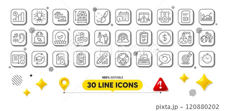 Chemistry lab, Internet documents and Online warning line icons pack. 3d design elements. Timer, Checklist, Paint brush web icon. Recovery data, Video file, Hearing pictogram. Target goal. Vector 120880202