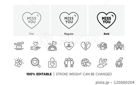 Be sweet, Miss you and Love night line icons. Pack of Friends world, Love gift, Break up icon. Friends couple, Lgbt, Inclusion pictogram. Wedding locker, Friendship, Honeymoon cruise. Vector 120880204