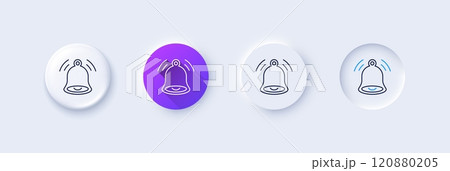 Bell alert line icon. Neumorphic, Purple gradient, 3d pin buttons. Message notification sign. Alarm notice symbol. Line icons. Neumorphic buttons with outline signs. Vector 120880205