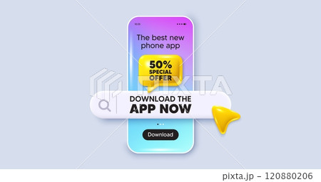 50 percent discount offer tag. Phone mockup screen. Download the app now. Sale price promo sign. Special offer symbol. Phone download app search bar. Discount text message. Vector 120880206