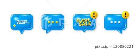 Offer speech bubble 3d icons. Premium quality tag. High product sign. Top offer symbol. Premium quality chat offer. Flash sale, danger alert. Text box balloon. Vector 120880221