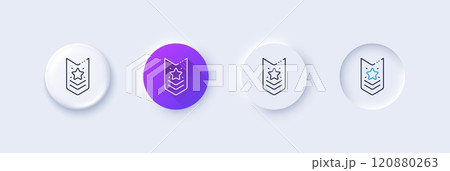 Shoulder strap stars line icon. Neumorphic, Purple gradient, 3d pin buttons. Star award sign. Best rank symbol. Line icons. Neumorphic buttons with outline signs. Vector 120880263