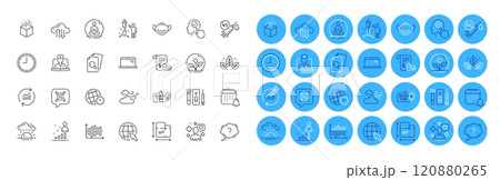 Select user, Internet and Laptop line icons pack. Diagram chart, Qr code, Coronavirus vaccine web icon. Fireworks, Question mark, Blood and saliva test pictogram. Incubator. Color icon buttons. Vector 120880265