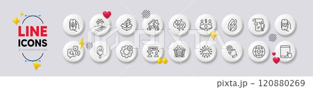 Ecology app, Inspect and Cursor line icons. White buttons 3d icons. Pack of Difficult stress, Chat app, Work home icon. Cloud network, Connecting flight, Pets care pictogram. Vector 120880269