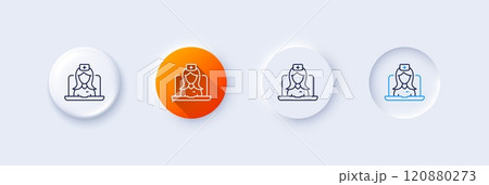 Telemedicine line icon. Neumorphic, Orange gradient, 3d pin buttons. Online doctor sign. Medicine healthcare symbol. Line icons. Neumorphic buttons with outline signs. Vector Telemedicine line icon. Neumorphic, Orange gradient, 3d pin buttons. Online doctor sign. Medicine healthcare symbol. Line icons. Neumorphic buttons with outline signs. Vector 120880273