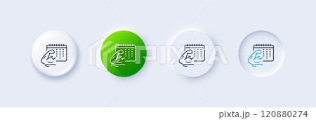 Fitness calendar line icon. Neumorphic, Green gradient, 3d pin buttons. Strong muscle arm sign. Gym fit training symbol. Line icons. Neumorphic buttons with outline signs. Vector Fitness calendar line icon. Neumorphic, Green gradient, 3d pin buttons. Strong muscle arm sign. Gym fit training symbol. Line icons. Neumorphic buttons with outline signs. Vector 120880274