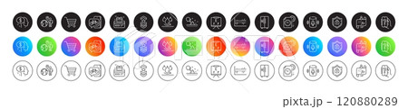Shield, Pay and Vision board line icons. Round icon gradient buttons. Pack of Help app, Shoulder strap, Skin moisture icon. Column diagram, Loyalty card, Bike app pictogram. Vector 120880289