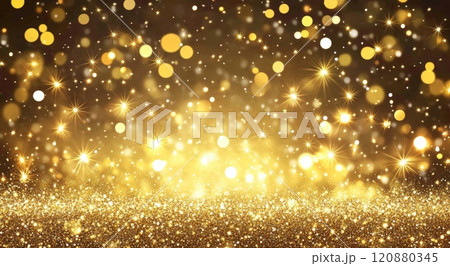 Soft golden bokeh lights create a dreamy atmosphere over a shimmering surface during a cozy evening celebration 120880345