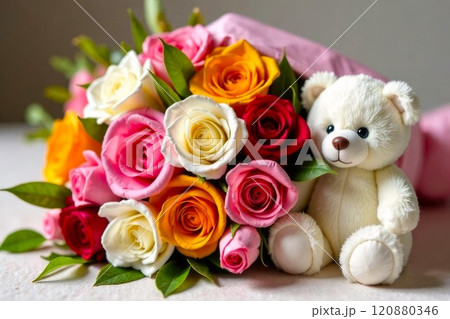 Beautiful Flower Bouquet. Close-up of a bouquet of different Flowers in wrapping paper and a small white Teddy Bear Toy. Illustration, Gift for Valentine's Day, Birthday, Women's Day 120880346
