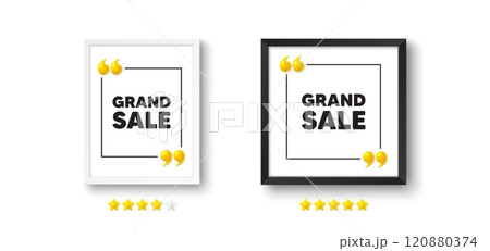 Photo frame with 3d quotation icon. Grand sale tag. Special offer price sign. Advertising discounts symbol. Grand sale chat message. Picture frame wall. 3d comma quotes. Vector 120880374