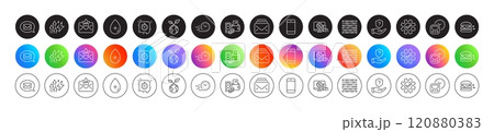 Service, Oil serum and Food delivery line icons. Round icon gradient buttons. Pack of Fast delivery, Messenger, Energy inflation icon. Binary code, Metro, Online shopping pictogram. Vector 120880383