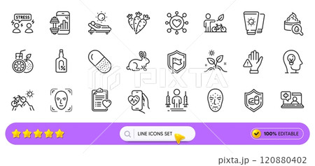 Orange juice, Lounger and Mental health line icons for web app. Pack of Capsule pill, Coronavirus injections, Grow plant pictogram icons. Difficult stress, Eco bike, Shield signs. Search bar. Vector Orange juice, Lounger and Mental health line icons for web app. Pack of Capsule pill, Coronavirus injections, Grow plant pictogram icons. Difficult stress, Eco bike, Shield signs. Search bar. Vector 120880402